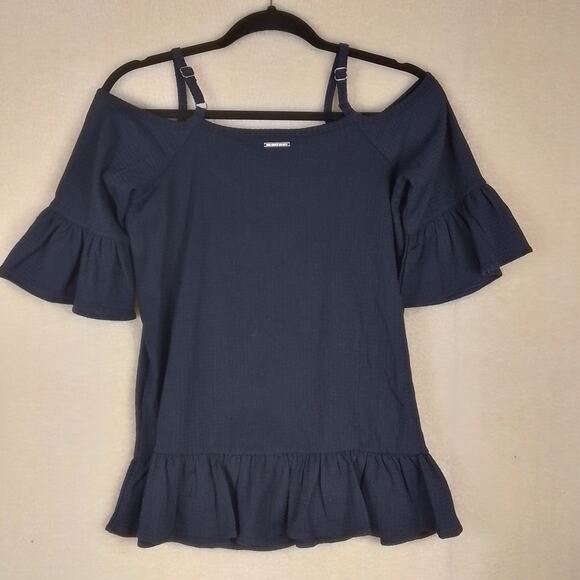 Michael Kors Womens Blouse Blue XS Boho Short Sleeve Cold Shoulder Ruffle‎ Navy - Picture 2 of 14
